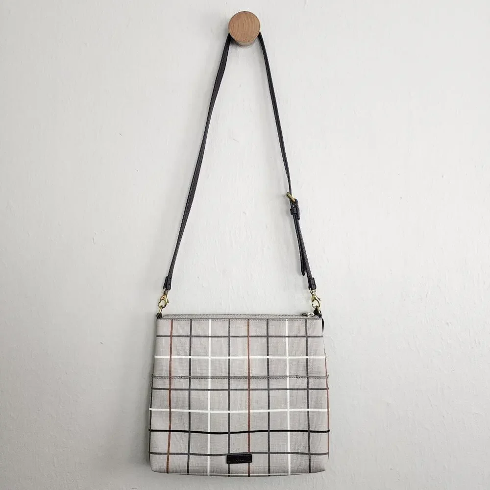 NEW Fossil Fiona Large Crossbody Bag Gray Beige Plaid Neutral Checkered Purse